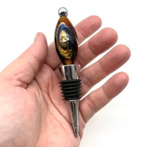 Artisan Iridescent Glass Wine Bottle Stopper Chrome Metal Swirl Bar Accessory